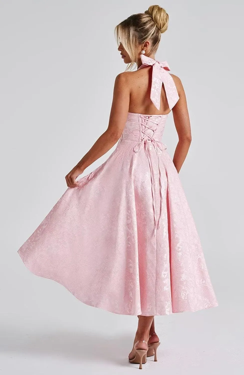 Halter Jacquard Floral Prom Dresses with Pockets Corset A Line Midi Cocktail Pary Dress