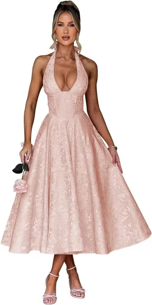 Halter Jacquard Floral Prom Dresses with Pockets Corset A Line Midi Cocktail Pary Dress