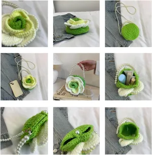 Hand-Crocheted Rose Clutch Bag with Pearl Chains & Pearl Strap, Mother-Daughter Matching Purse, Lightweight & Chic Flower bag