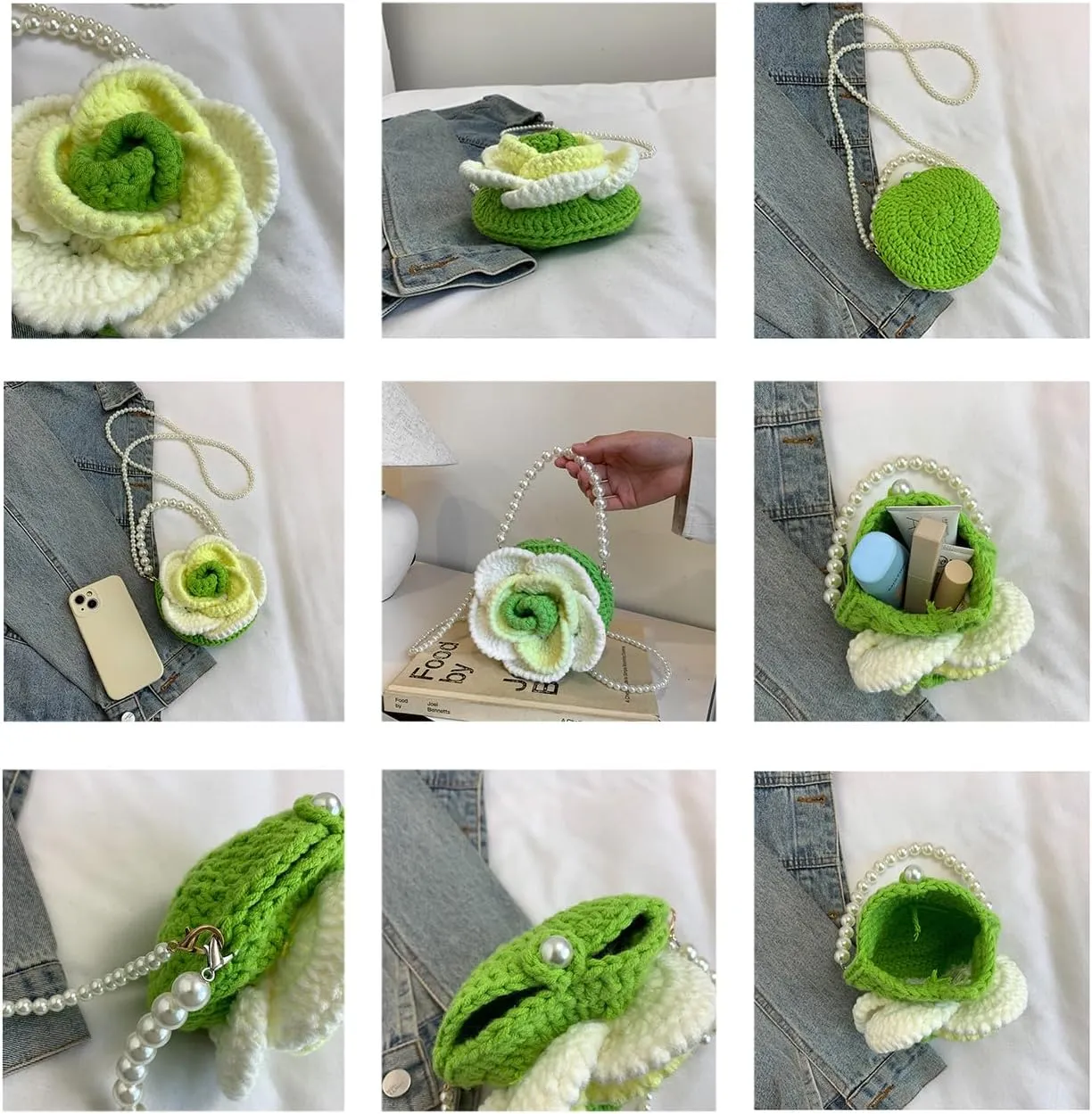 Hand-Crocheted Rose Clutch Bag with Pearl Chains & Pearl Strap, Mother-Daughter Matching Purse, Lightweight & Chic Flower bag