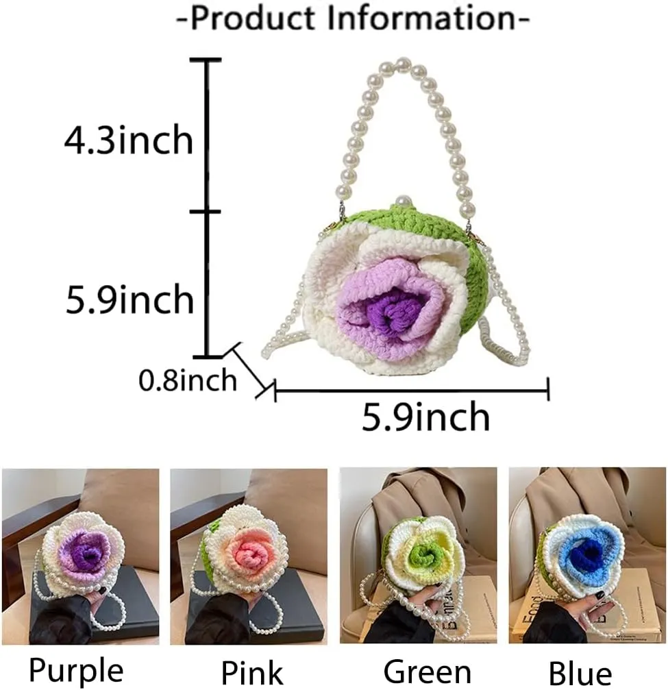 Hand-Crocheted Rose Clutch Bag with Pearl Chains & Pearl Strap, Mother-Daughter Matching Purse, Lightweight & Chic Flower bag