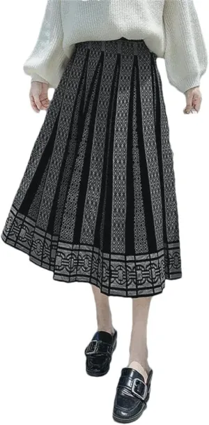 Hdhdeueh Women High Waist Knitted Midi Skirt A-Line Black Elegant Pleated Skirt S