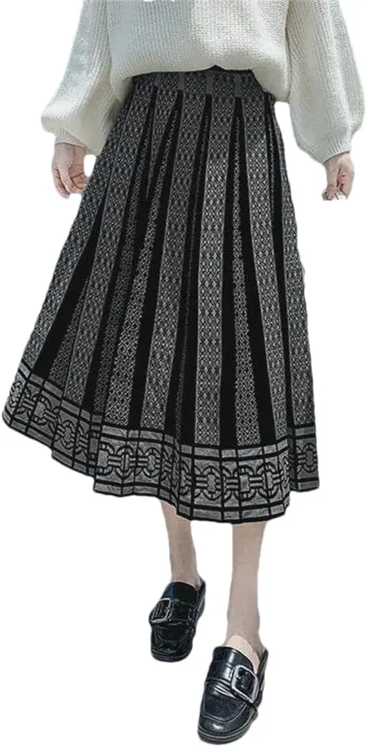 Hdhdeueh Women High Waist Knitted Midi Skirt A-Line Black Elegant Pleated Skirt S