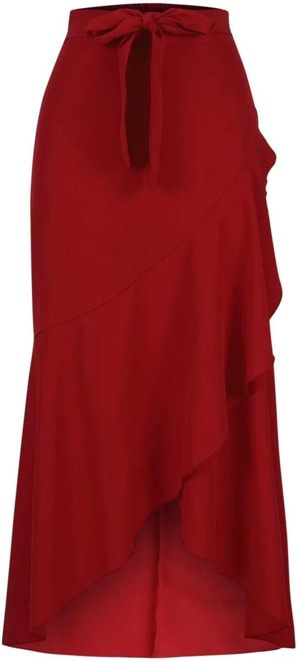 HGps8w Women's Elegant Wrap Maxi Skirt Ruffle Hem High Waisted Asymmetrical Belted Flowy Long Skirts