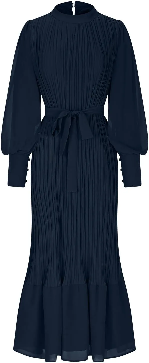 HGps8w Women's Lantern Long Sleeve Pleated Dress, Elegant Empire Waist Cocktail Party Wedding Guest Midi Dresses