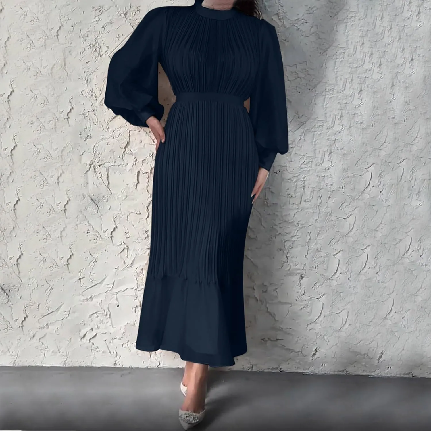 HGps8w Women's Lantern Long Sleeve Pleated Dress, Elegant Empire Waist Cocktail Party Wedding Guest Midi Dresses