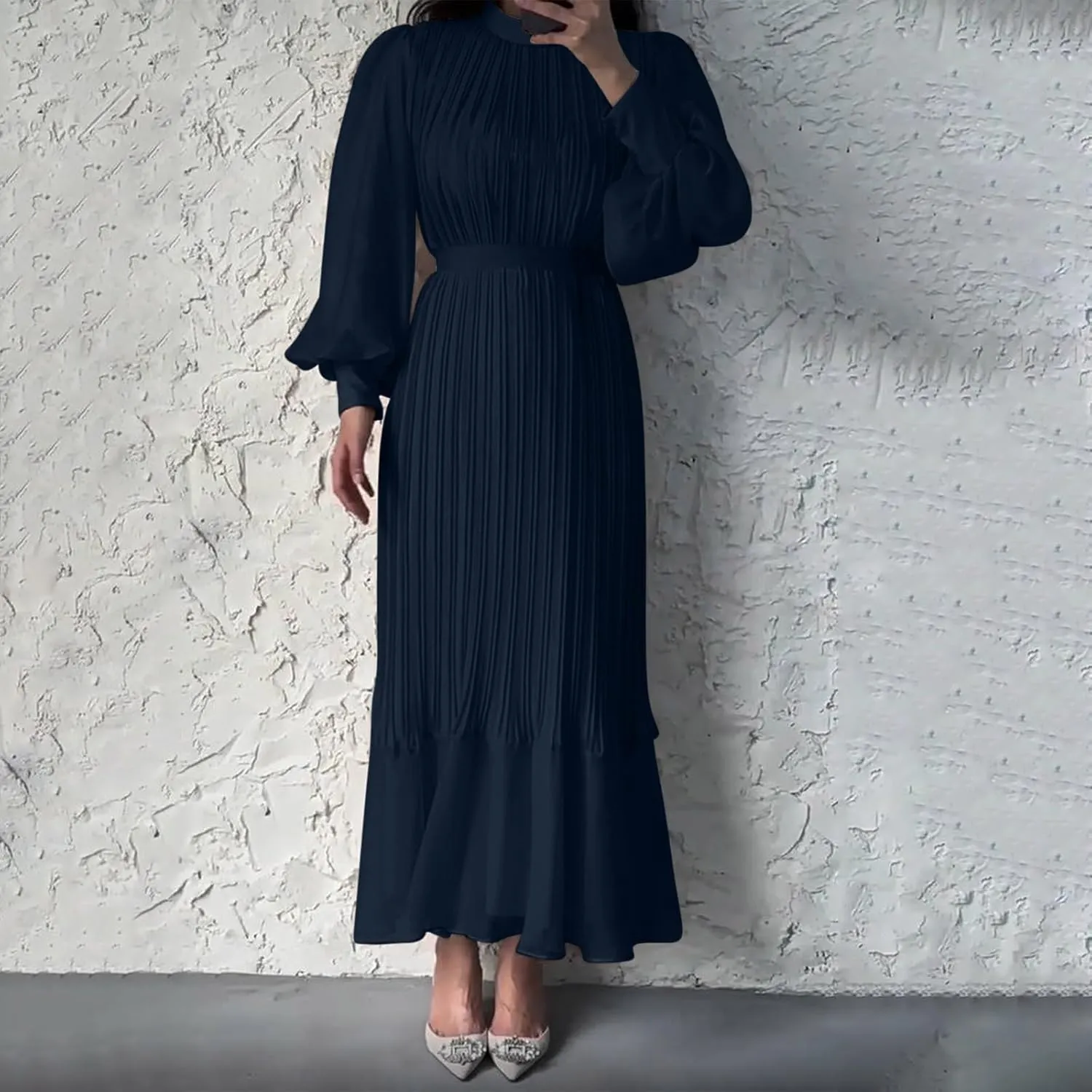 HGps8w Women's Lantern Long Sleeve Pleated Dress, Elegant Empire Waist Cocktail Party Wedding Guest Midi Dresses