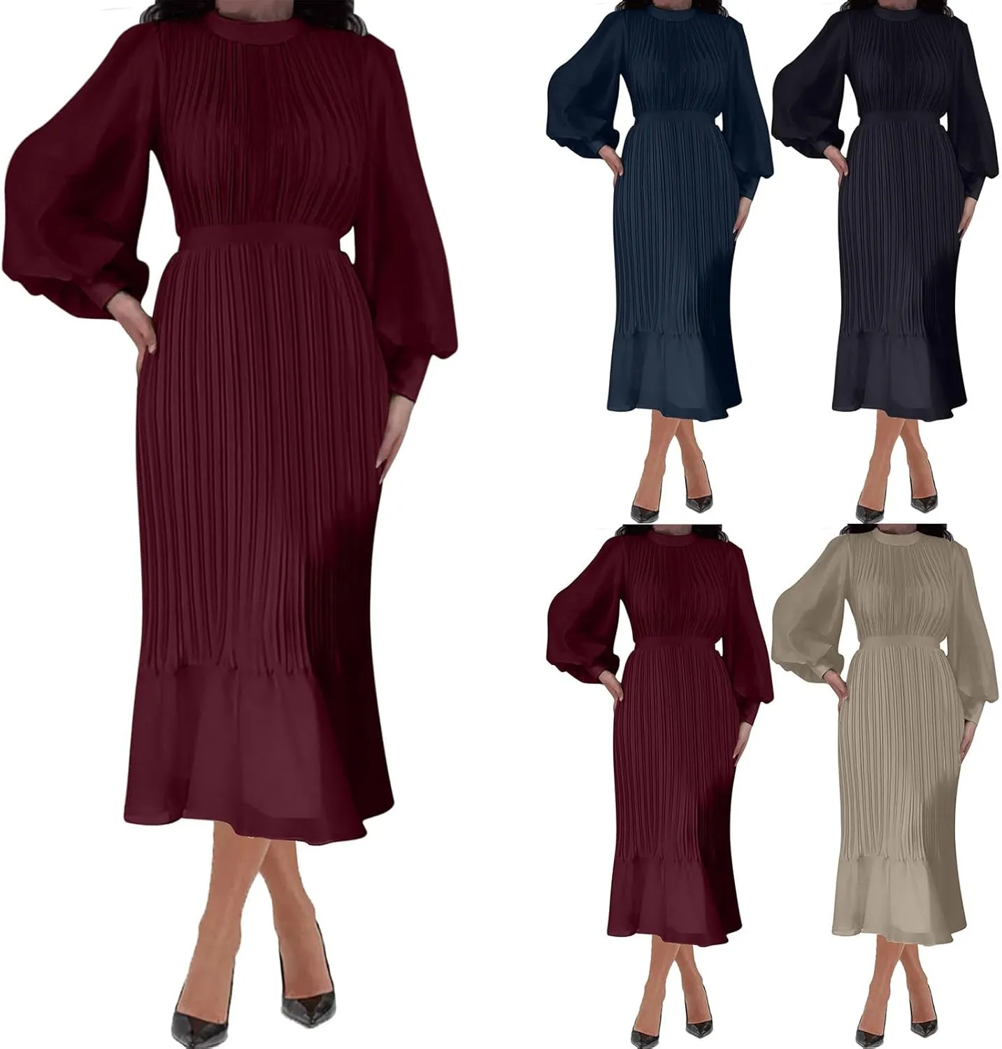 HGps8w Women's Lantern Long Sleeve Pleated Dress, Elegant Empire Waist Cocktail Party Wedding Guest Midi Dresses
