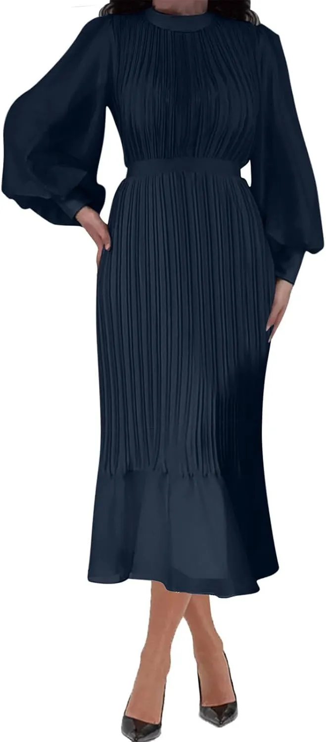 HGps8w Women's Lantern Long Sleeve Pleated Dress, Elegant Empire Waist Cocktail Party Wedding Guest Midi Dresses