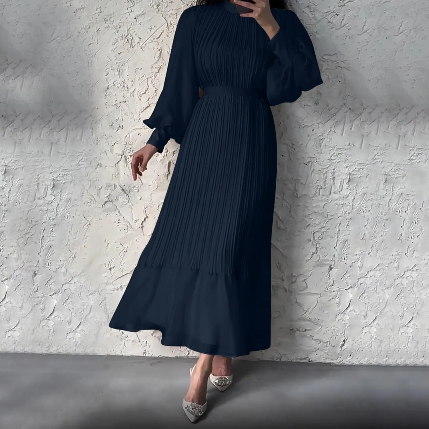 HGps8w Women's Lantern Long Sleeve Pleated Dress, Elegant Empire Waist Cocktail Party Wedding Guest Midi Dresses