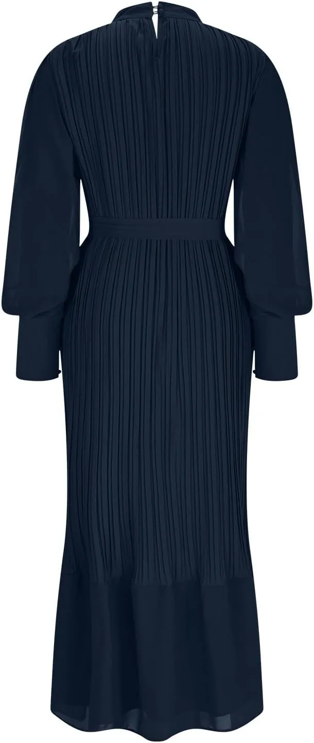 HGps8w Women's Lantern Long Sleeve Pleated Dress, Elegant Empire Waist Cocktail Party Wedding Guest Midi Dresses