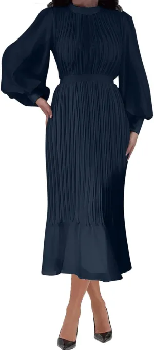 HGps8w Women's Lantern Long Sleeve Pleated Dress, Elegant Empire Waist Cocktail Party Wedding Guest Midi Dresses