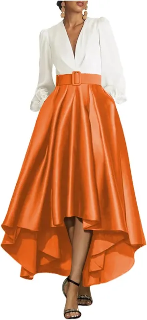 High Low Prom Dresses for Women Long Sleeve Elegant Evening Gown Satin A Line Wedding Guest Dress