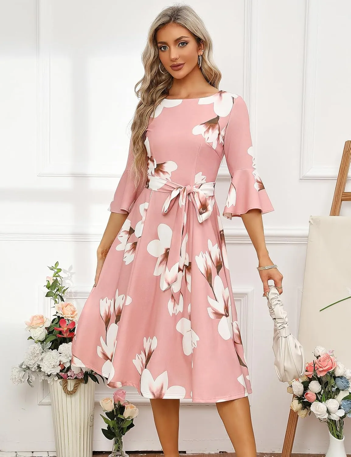HomRain Women's Church Dresses for 2025 Wedding Guest Cocktail Tea Party Bell Sleeve Vintage Evening Graduation Dress