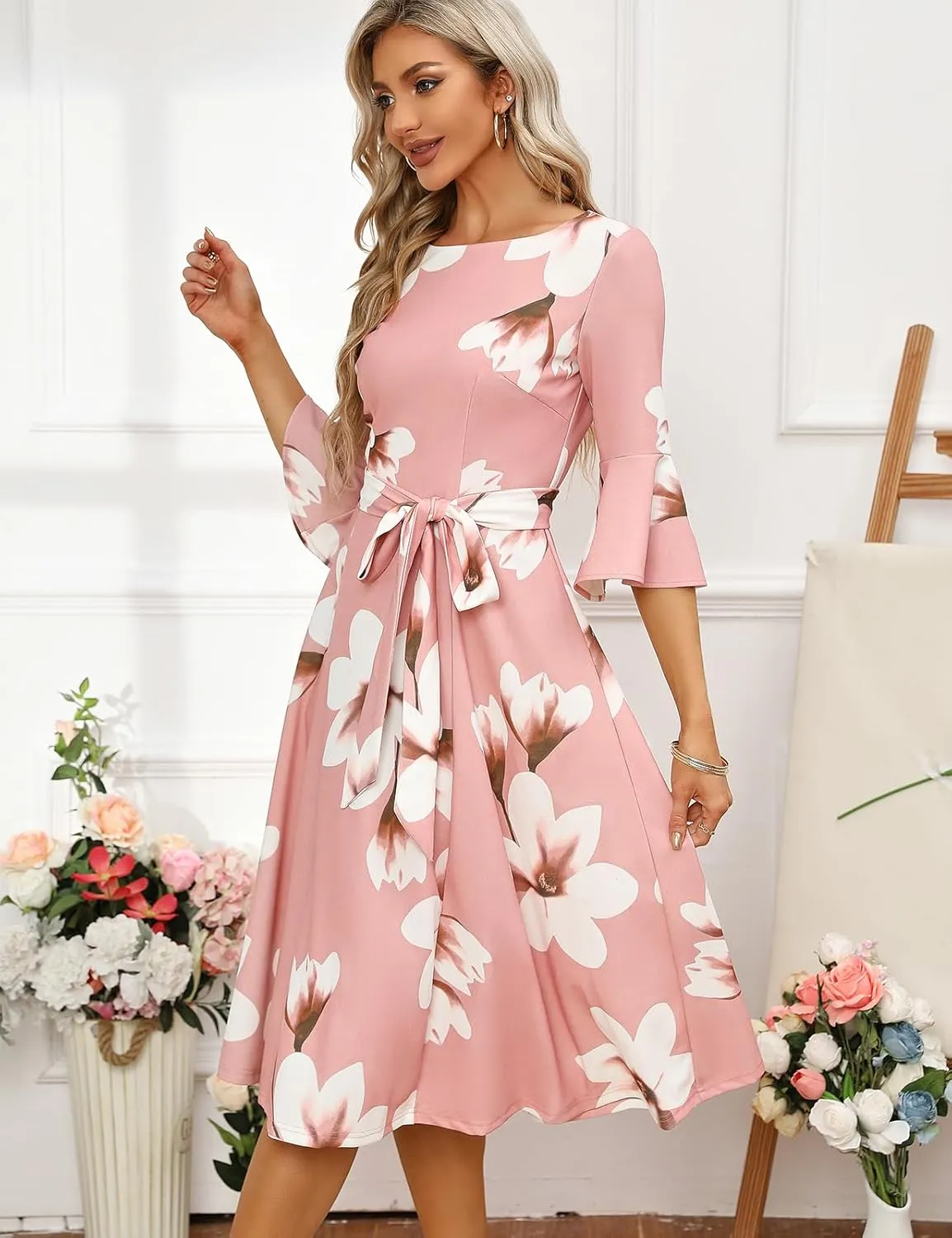 HomRain Women's Church Dresses for 2025 Wedding Guest Cocktail Tea Party Bell Sleeve Vintage Evening Graduation Dress