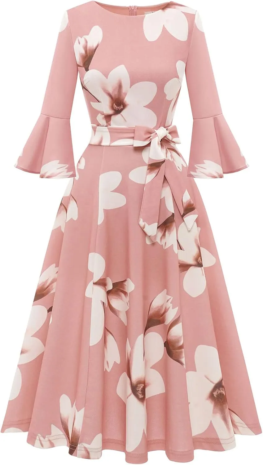HomRain Women's Church Dresses for 2025 Wedding Guest Cocktail Tea Party Bell Sleeve Vintage Evening Graduation Dress