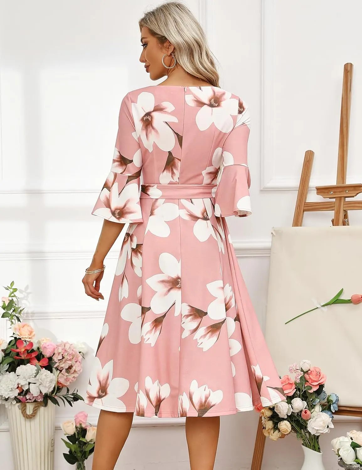 HomRain Women's Church Dresses for 2025 Wedding Guest Cocktail Tea Party Bell Sleeve Vintage Evening Graduation Dress