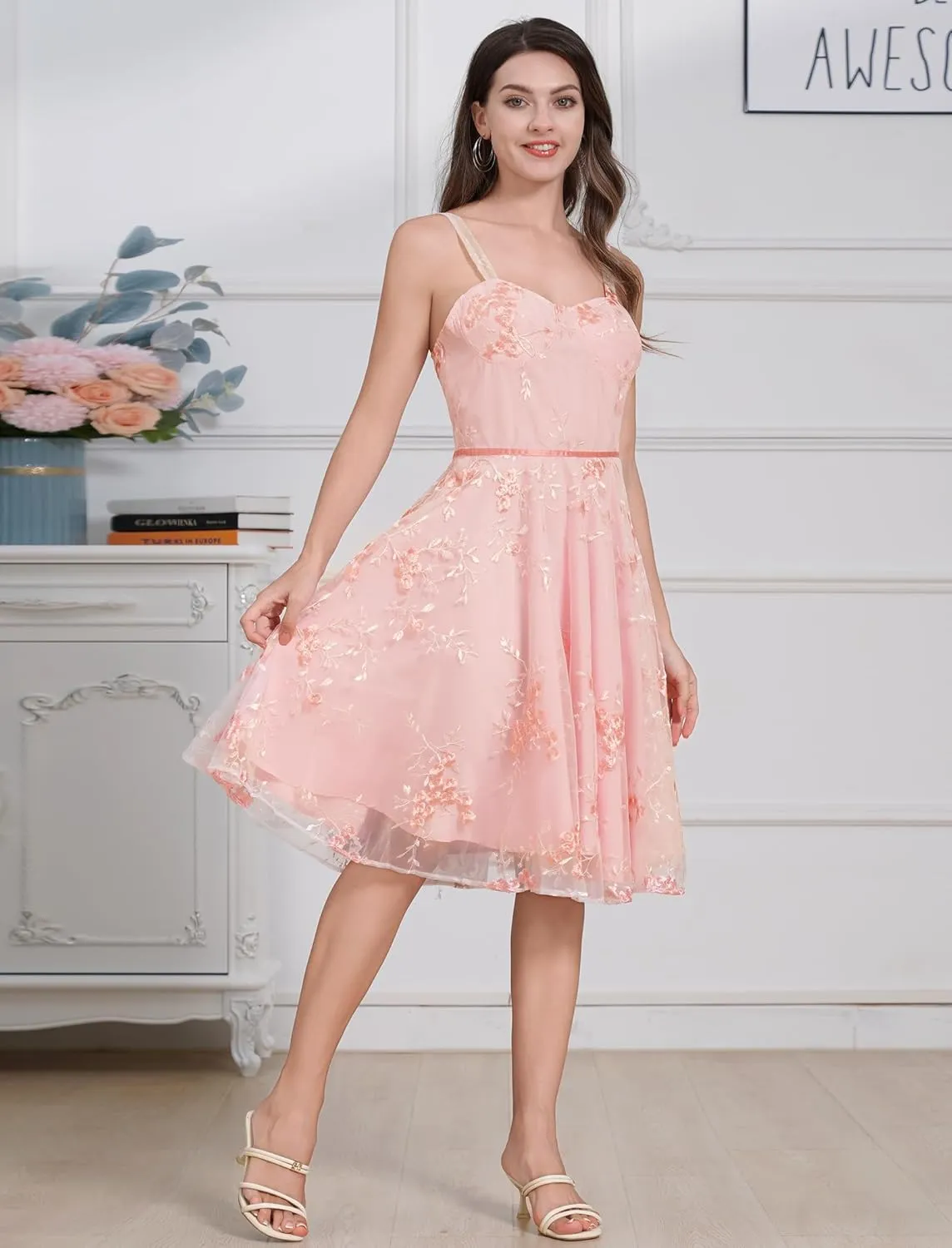 IDOPIP Women Vintage Floral Embroidery Mesh Dress 1950s Elegant Cocktail Party Swing Dress Formal A-Line Tulle Prom Gown