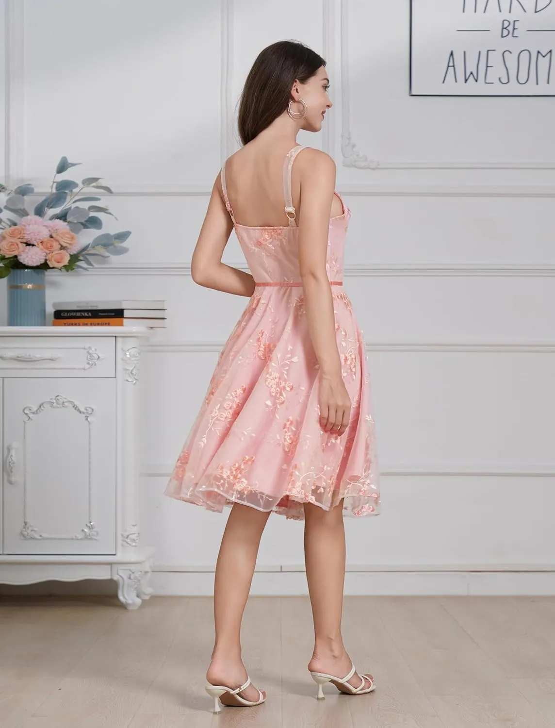 IDOPIP Women Vintage Floral Embroidery Mesh Dress 1950s Elegant Cocktail Party Swing Dress Formal A-Line Tulle Prom Gown