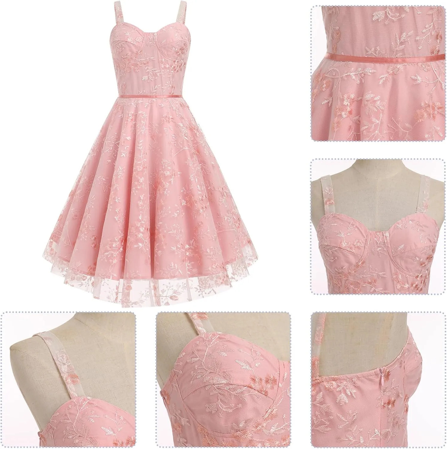 IDOPIP Women Vintage Floral Embroidery Mesh Dress 1950s Elegant Cocktail Party Swing Dress Formal A-Line Tulle Prom Gown