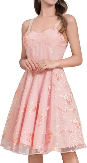 IDOPIP Women Vintage Floral Embroidery Mesh Dress 1950s Elegant Cocktail Party Swing Dress Formal A-Line Tulle Prom Gown