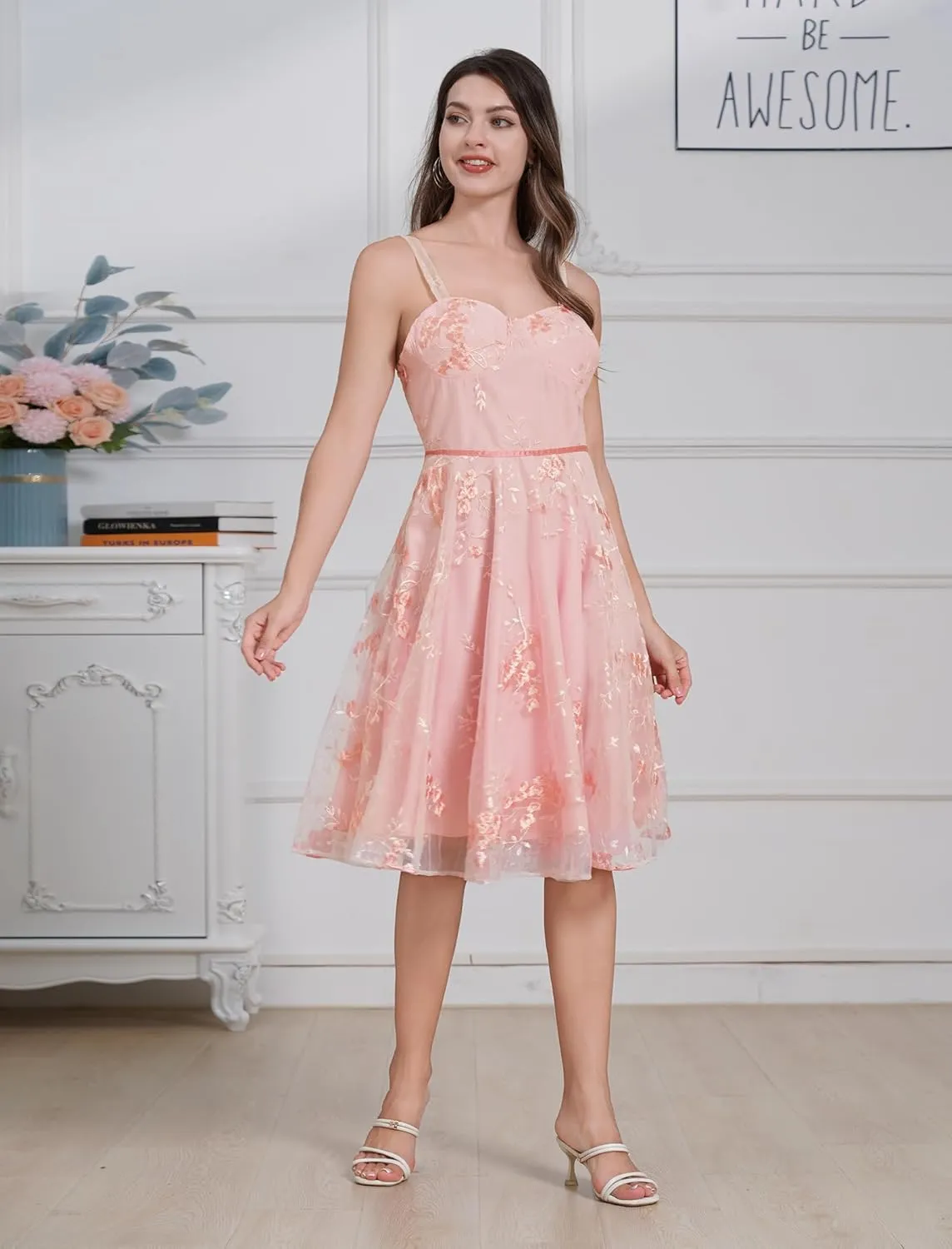 IDOPIP Women Vintage Floral Embroidery Mesh Dress 1950s Elegant Cocktail Party Swing Dress Formal A-Line Tulle Prom Gown