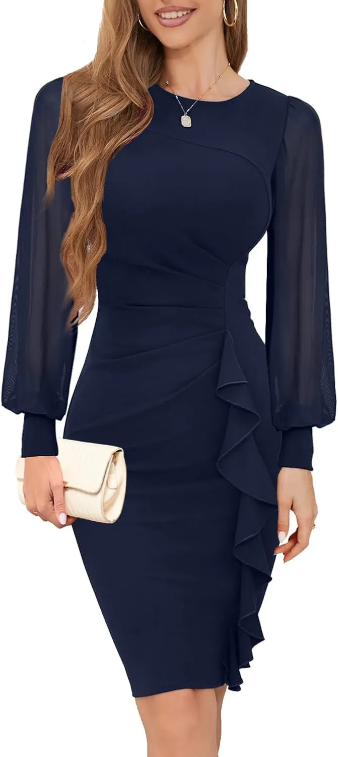 IHOT 2025 Women's Long Sheer Sleeve Ruched Sheath Bodycon Cocktail Party Work Dress