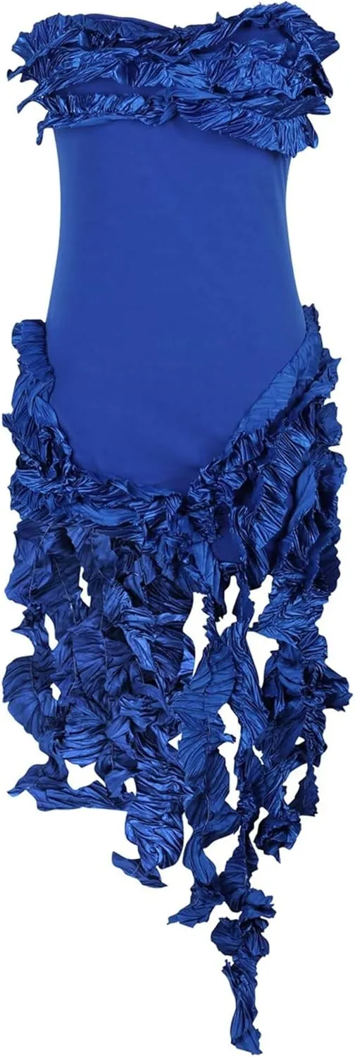 IyMoo Women Sexy Strapless Ruffle Bodycon Dress Solid Color Fringe Slim Party Cocktail Bandage Dresses