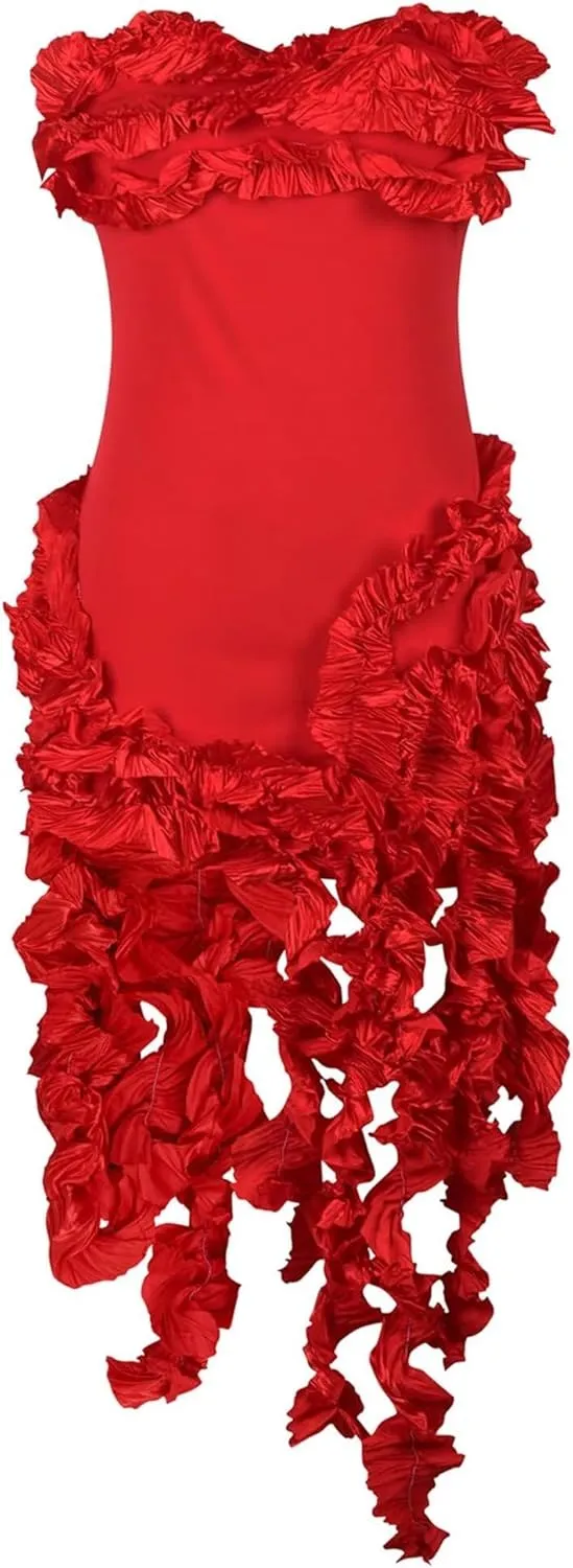 IyMoo Women Sexy Strapless Ruffle Bodycon Dress Solid Color Fringe Slim Party Cocktail Bandage Dresses