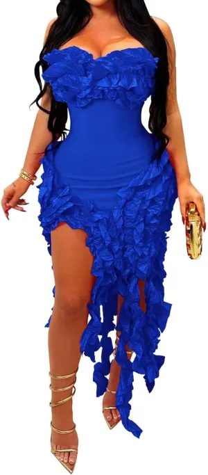 IyMoo Women Sexy Strapless Ruffle Bodycon Dress Solid Color Fringe Slim Party Cocktail Bandage Dresses