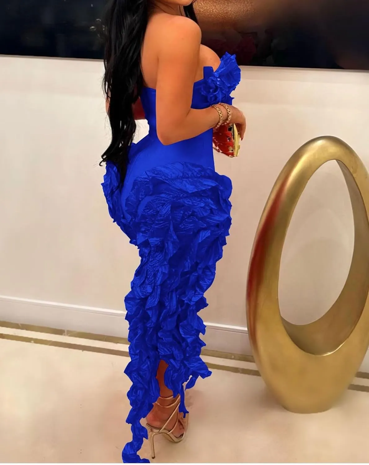 IyMoo Women Sexy Strapless Ruffle Bodycon Dress Solid Color Fringe Slim Party Cocktail Bandage Dresses