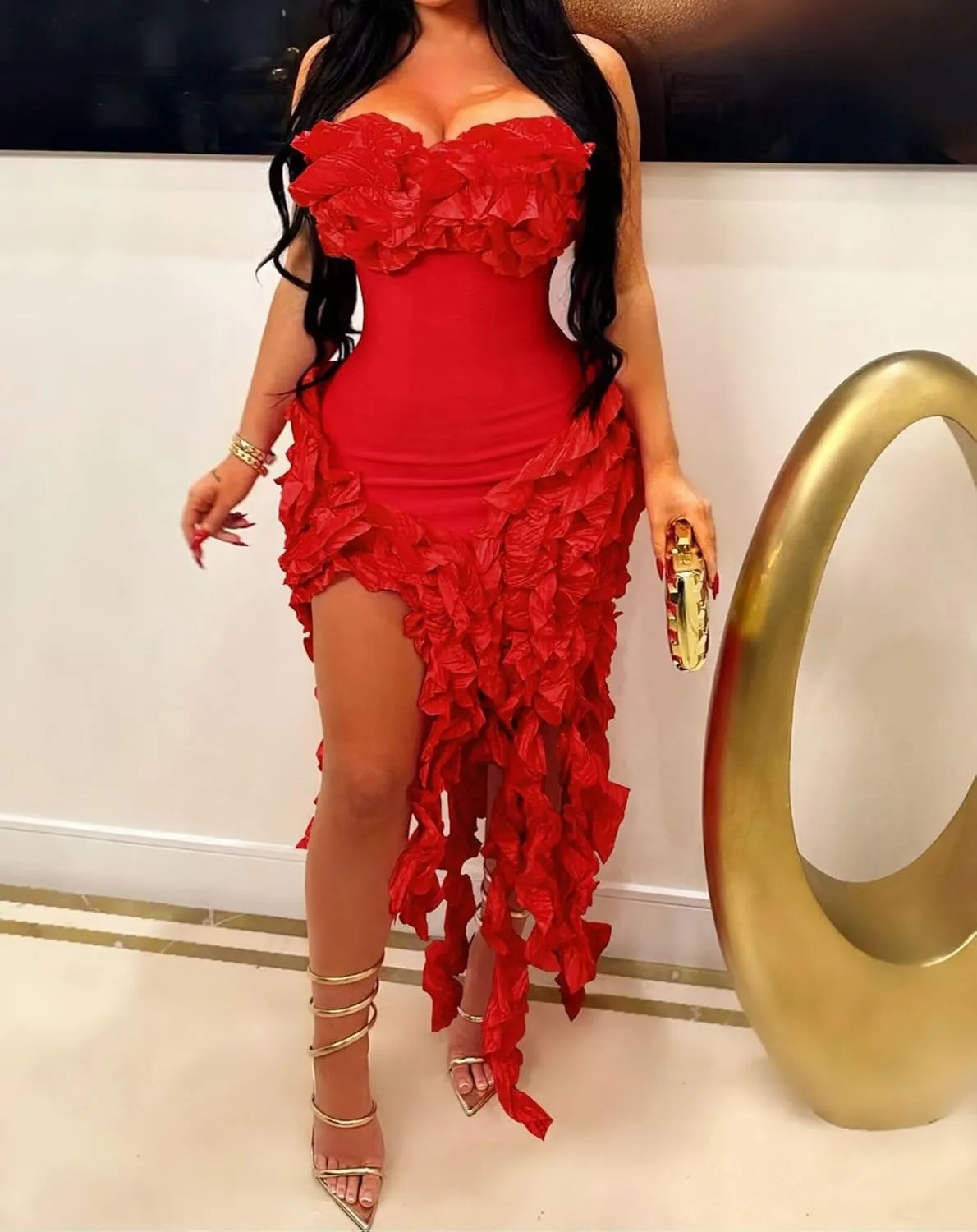 IyMoo Women Sexy Strapless Ruffle Bodycon Dress Solid Color Fringe Slim Party Cocktail Bandage Dresses