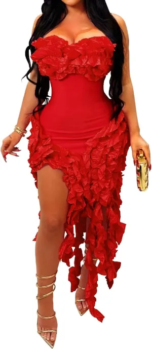 IyMoo Women Sexy Strapless Ruffle Bodycon Dress Solid Color Fringe Slim Party Cocktail Bandage Dresses