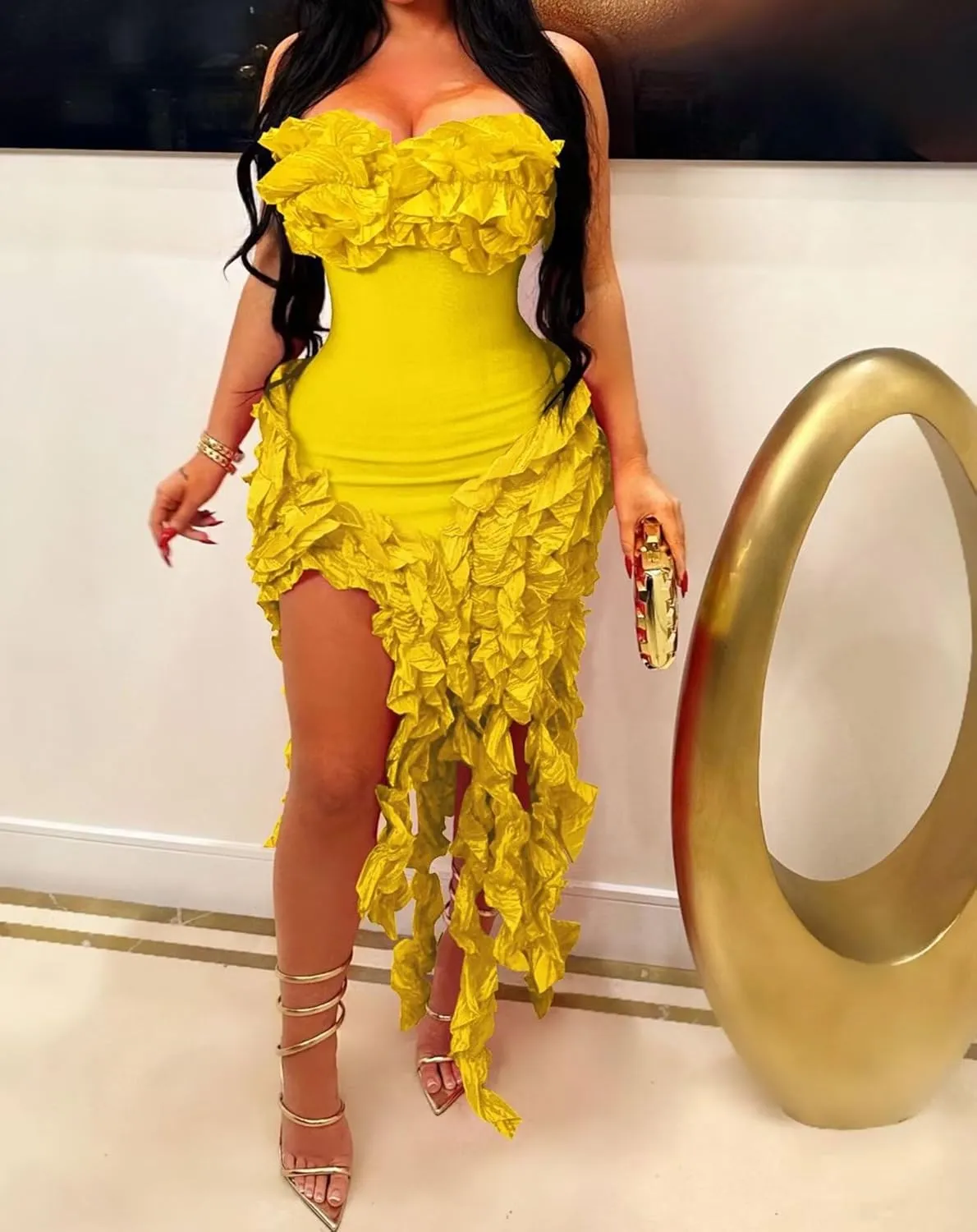 IyMoo Women Sexy Strapless Ruffle Bodycon Dress Solid Color Fringe Slim Party Cocktail Bandage Dresses