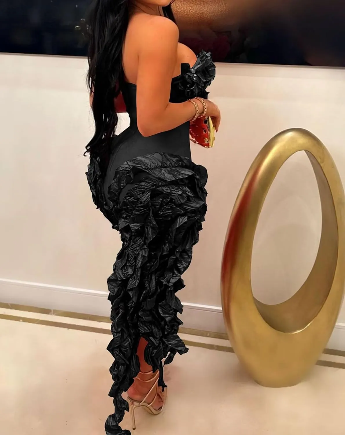 IyMoo Women Sexy Strapless Ruffle Bodycon Dress Solid Color Fringe Slim Party Cocktail Bandage Dresses