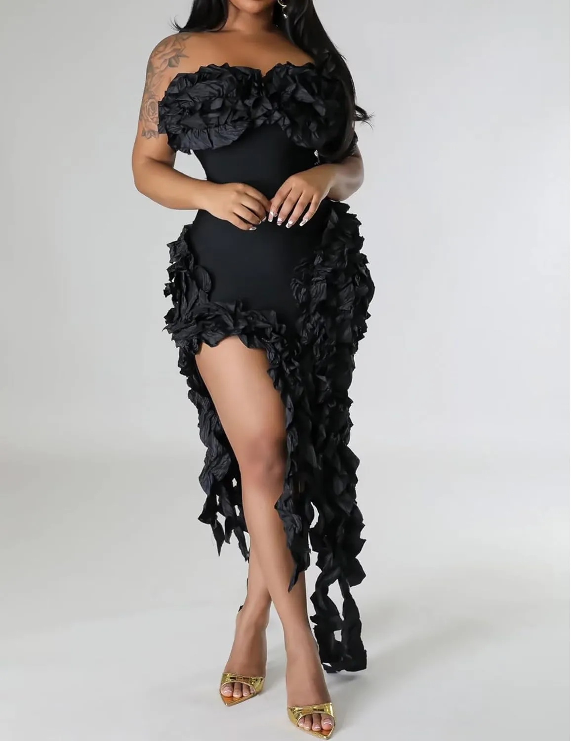 IyMoo Women Sexy Strapless Ruffle Bodycon Dress Solid Color Fringe Slim Party Cocktail Bandage Dresses