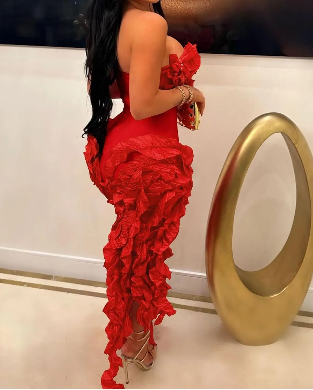 IyMoo Women Sexy Strapless Ruffle Bodycon Dress Solid Color Fringe Slim Party Cocktail Bandage Dresses