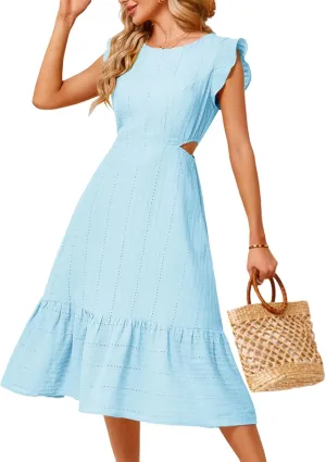JASAMBAC Women's Summer Casual Tiered Dress Flutter Short Sleeve Dresses Elegant Flowy A Line Cut Out Boho Wedding Midi Dress