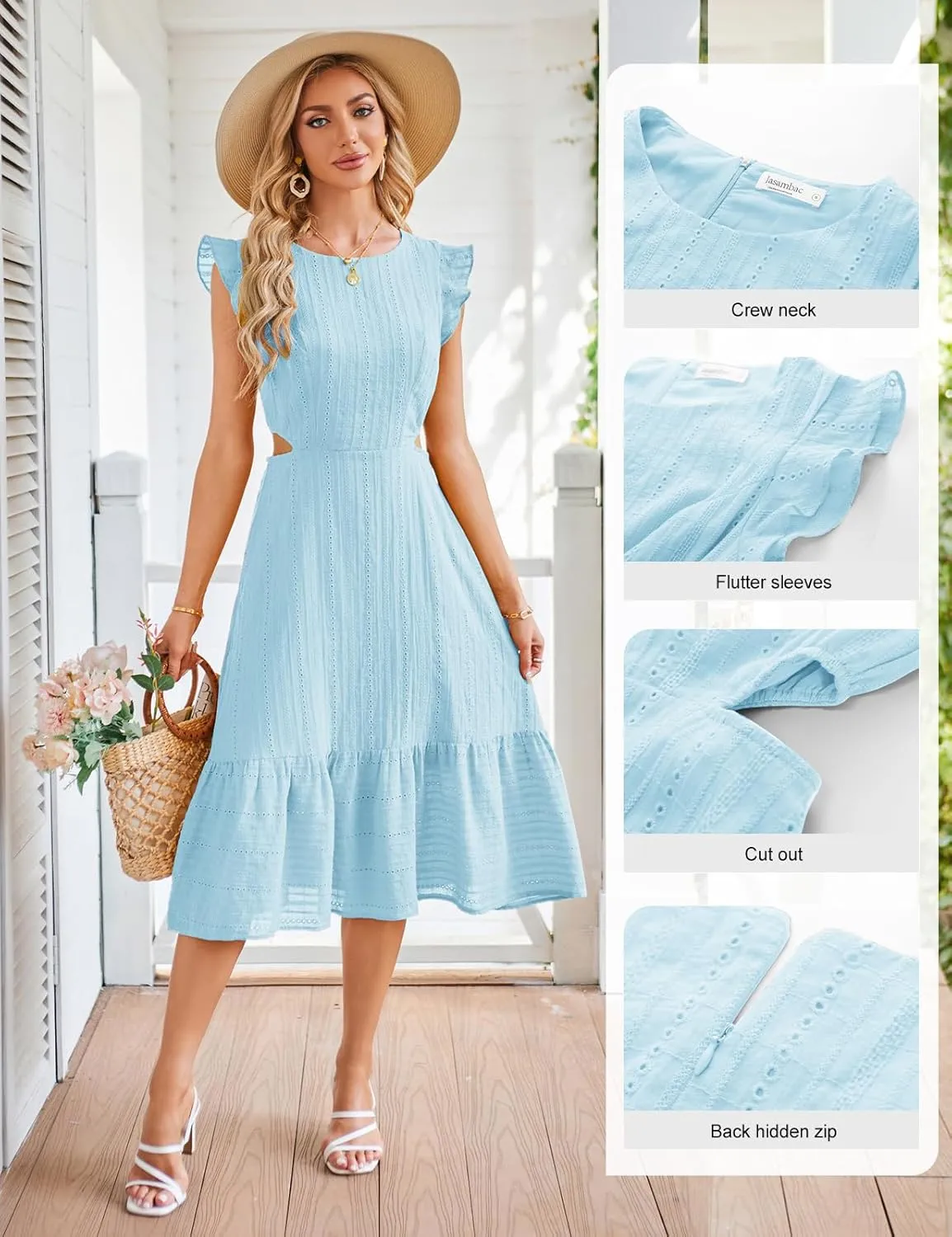 JASAMBAC Women's Summer Casual Tiered Dress Flutter Short Sleeve Dresses Elegant Flowy A Line Cut Out Boho Wedding Midi Dress