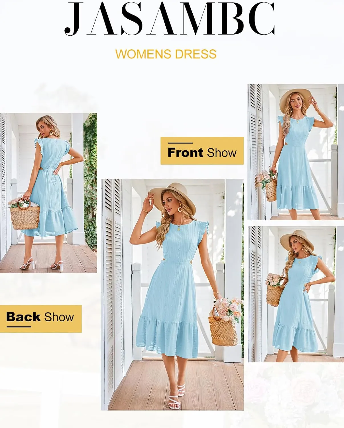 JASAMBAC Women's Summer Casual Tiered Dress Flutter Short Sleeve Dresses Elegant Flowy A Line Cut Out Boho Wedding Midi Dress