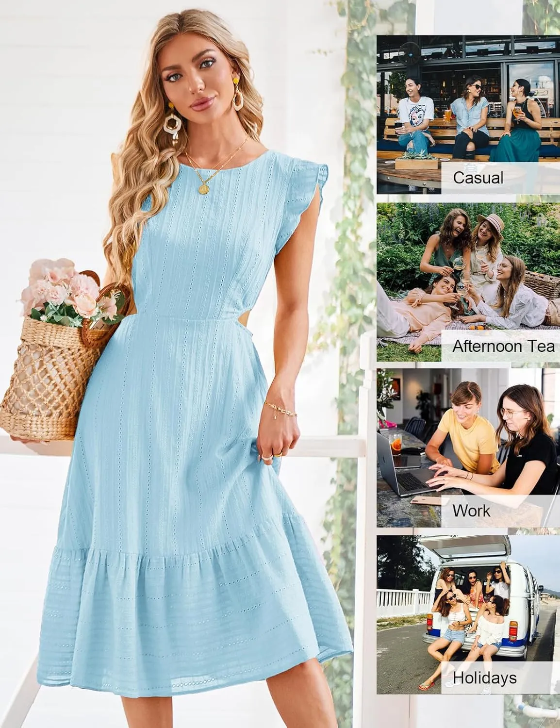 JASAMBAC Women's Summer Casual Tiered Dress Flutter Short Sleeve Dresses Elegant Flowy A Line Cut Out Boho Wedding Midi Dress