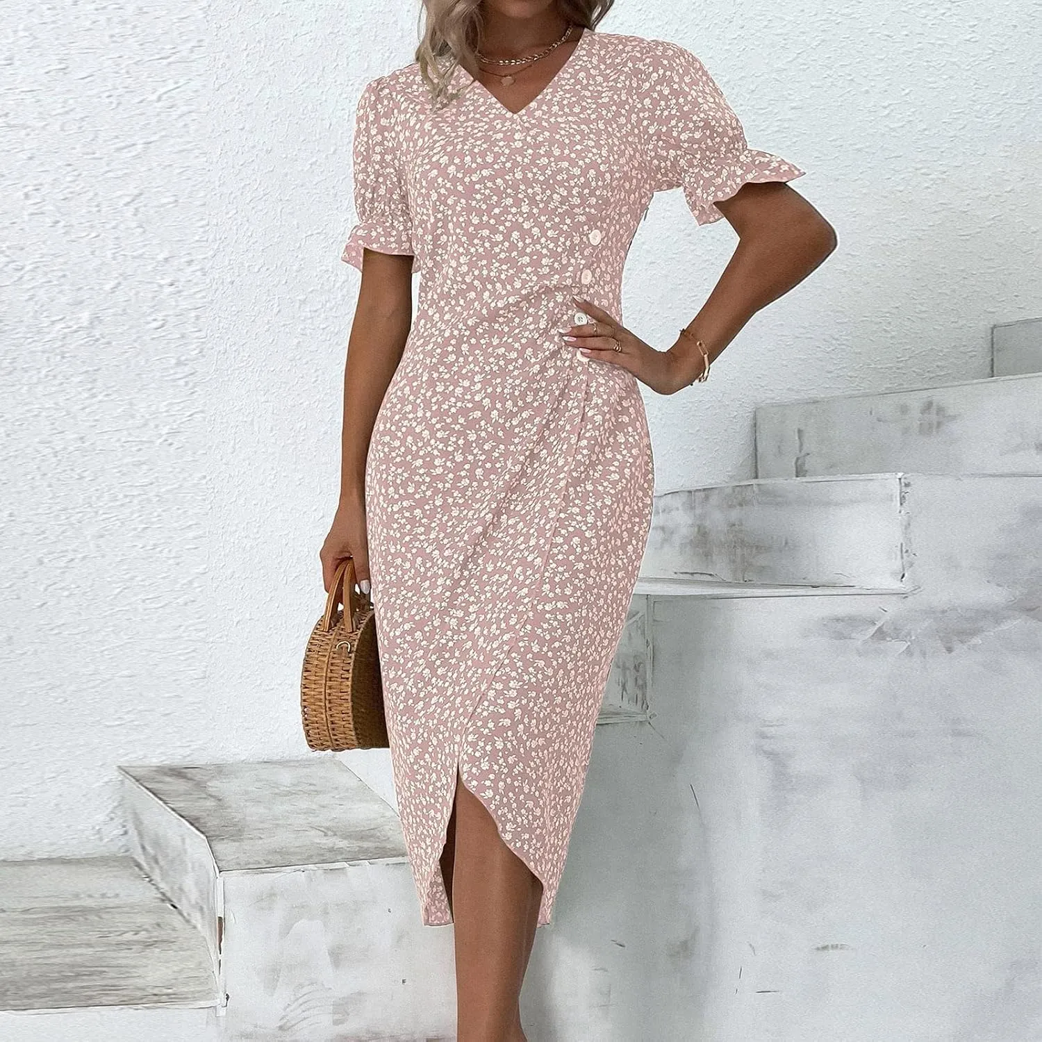JJHAEVDY Dresses for Women 2024 Printed Short Sleeve Dress V Neck Ruffle Hem Dresses Summer Beach Dresses Elegant Midi Dress