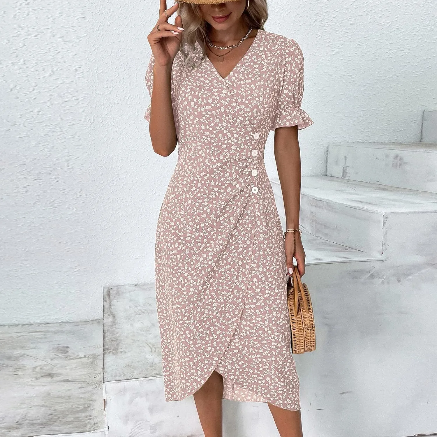 JJHAEVDY Dresses for Women 2024 Printed Short Sleeve Dress V Neck Ruffle Hem Dresses Summer Beach Dresses Elegant Midi Dress