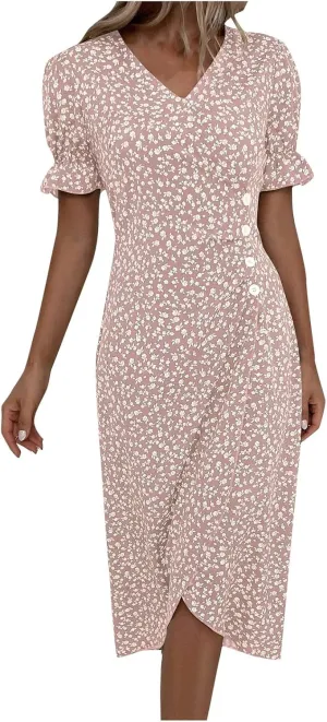JJHAEVDY Dresses for Women 2024 Printed Short Sleeve Dress V Neck Ruffle Hem Dresses Summer Beach Dresses Elegant Midi Dress