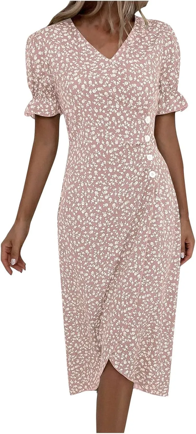 JJHAEVDY Dresses for Women 2024 Printed Short Sleeve Dress V Neck Ruffle Hem Dresses Summer Beach Dresses Elegant Midi Dress