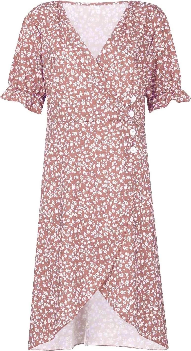 JJHAEVDY Dresses for Women 2024 Printed Short Sleeve Dress V Neck Ruffle Hem Dresses Summer Beach Dresses Elegant Midi Dress
