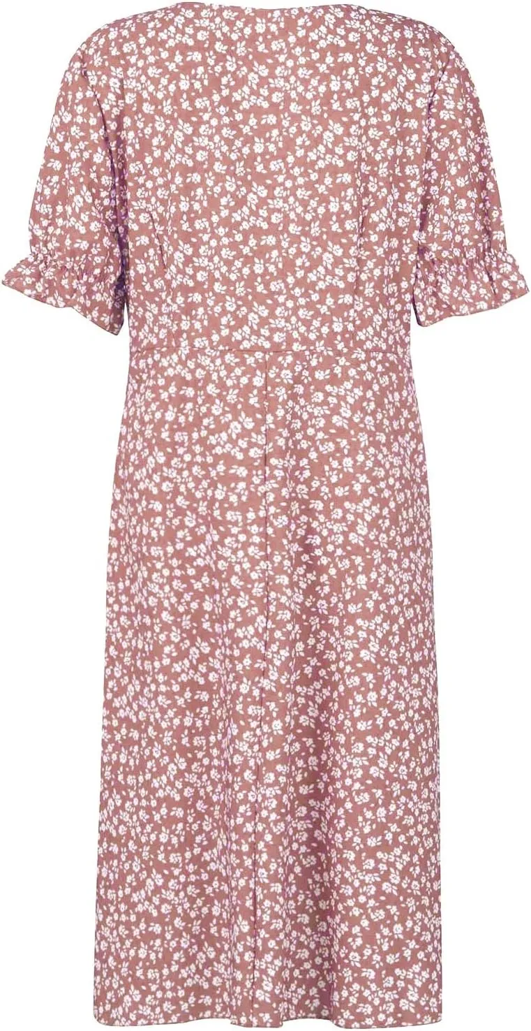 JJHAEVDY Dresses for Women 2024 Printed Short Sleeve Dress V Neck Ruffle Hem Dresses Summer Beach Dresses Elegant Midi Dress