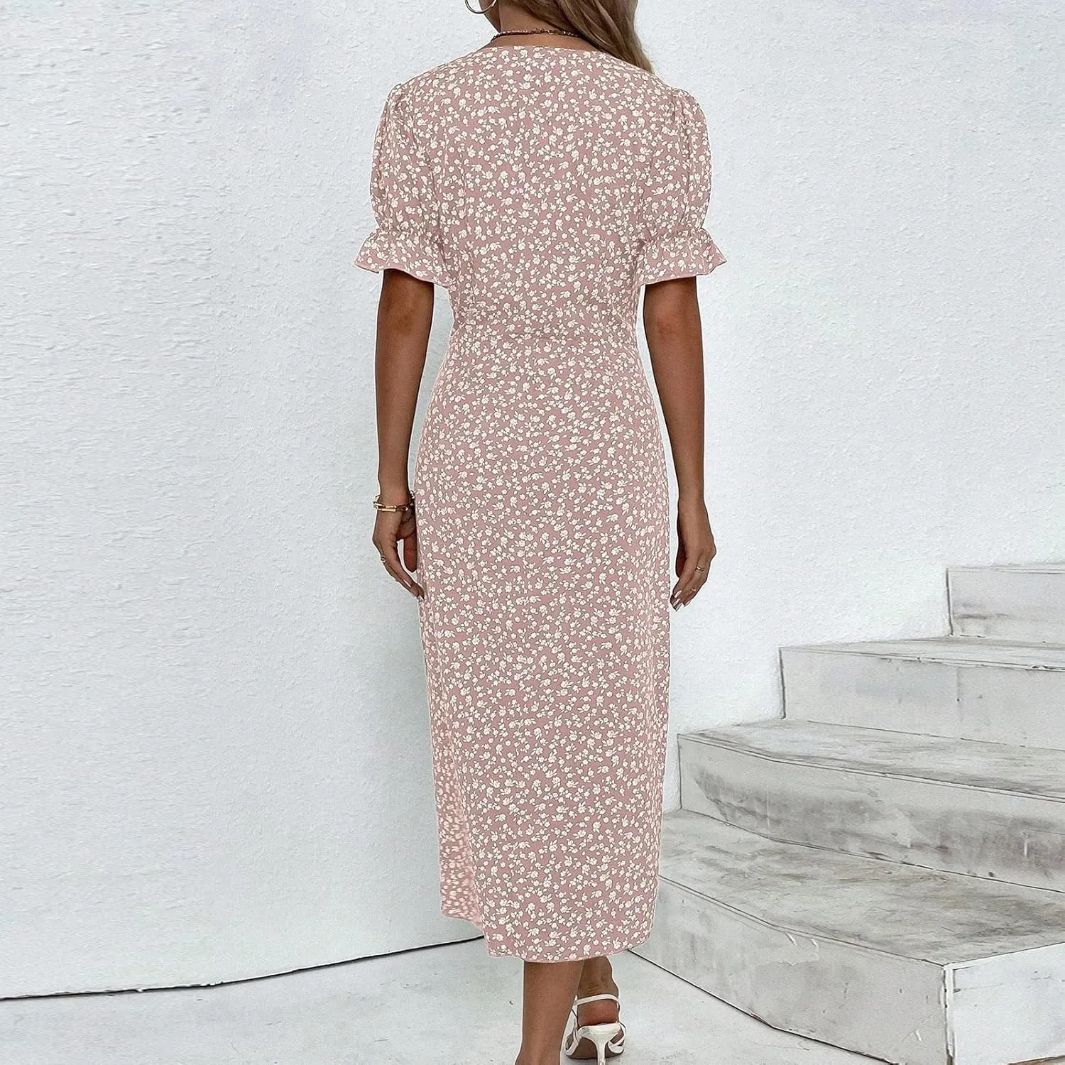 JJHAEVDY Dresses for Women 2024 Printed Short Sleeve Dress V Neck Ruffle Hem Dresses Summer Beach Dresses Elegant Midi Dress