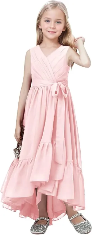 Junior Bridesmaid Dresses for Teen Girls High Low Ruffle Flower Girl Dress Chiffon V Neck Formal Gown
