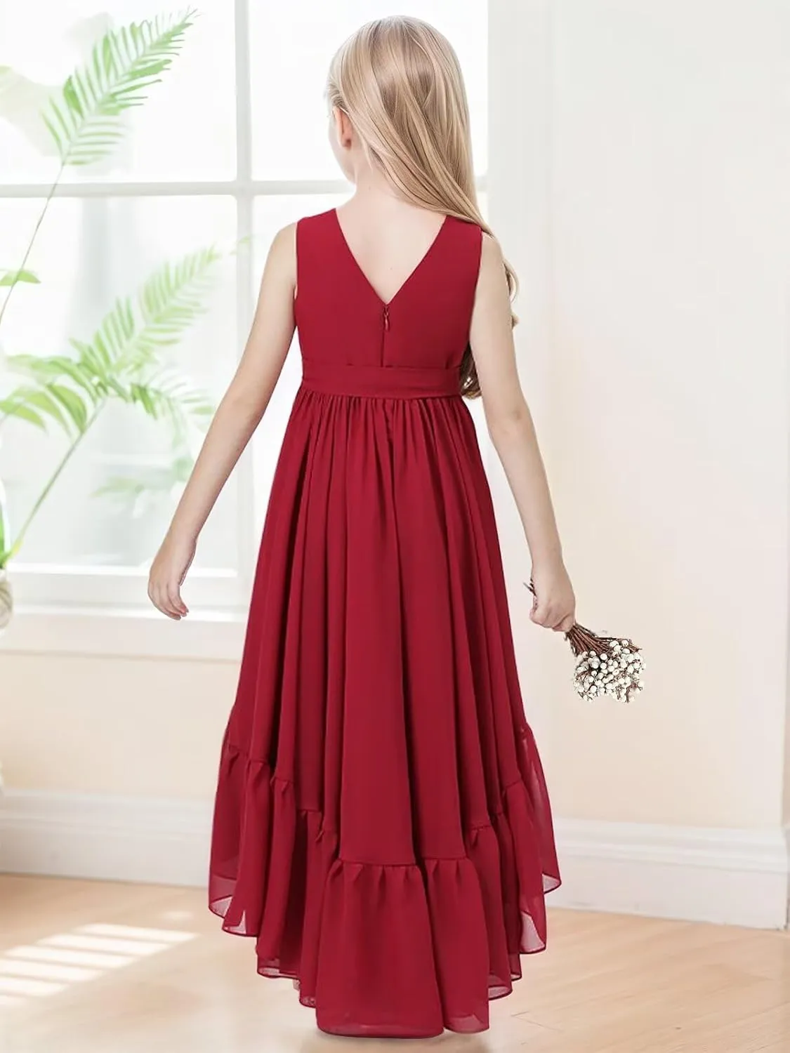 Junior Bridesmaid Dresses for Teen Girls High Low Ruffle Flower Girl Dress Chiffon V Neck Formal Gown